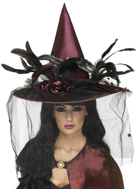 Women's Deluxe Large Purple Plum Satin Halloween Witch Hat