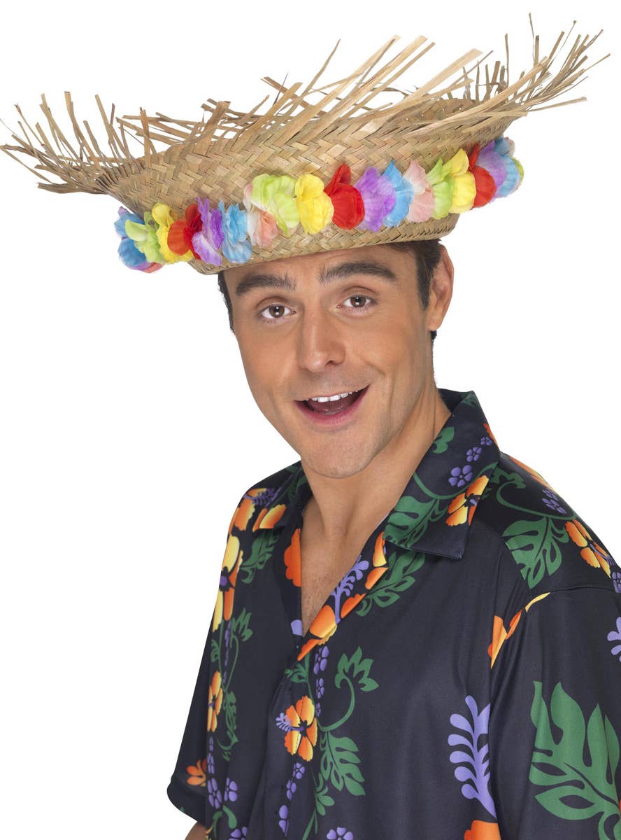 Hawaiian Straw Costume Hat with Flowers