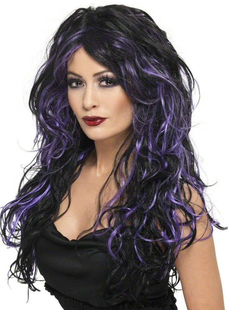 Black and Purple Streaked Women's Halloween Costume Wig with Messy Curls