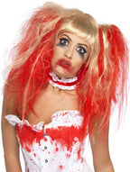 Women's Blonde Pigtails Costume Wig with Blood Red Streaks