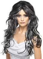 Gothic Women's Long Curly Black and White Streaked Halloween Costume Wig 