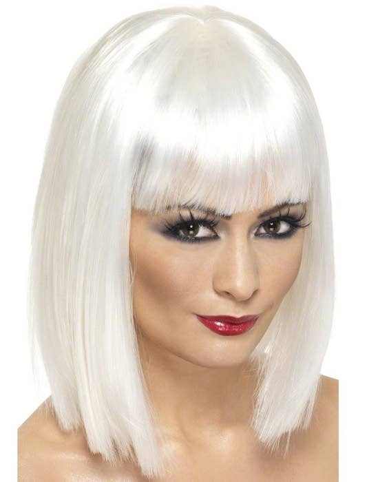 Women's Short White Blunt Cut Bob Costume Wig with Fringe