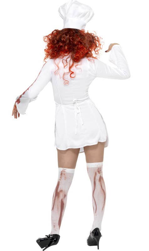 White Blood Splattered Kiss the Cook Women's Zombie Chef Halloween Costume - Back Image