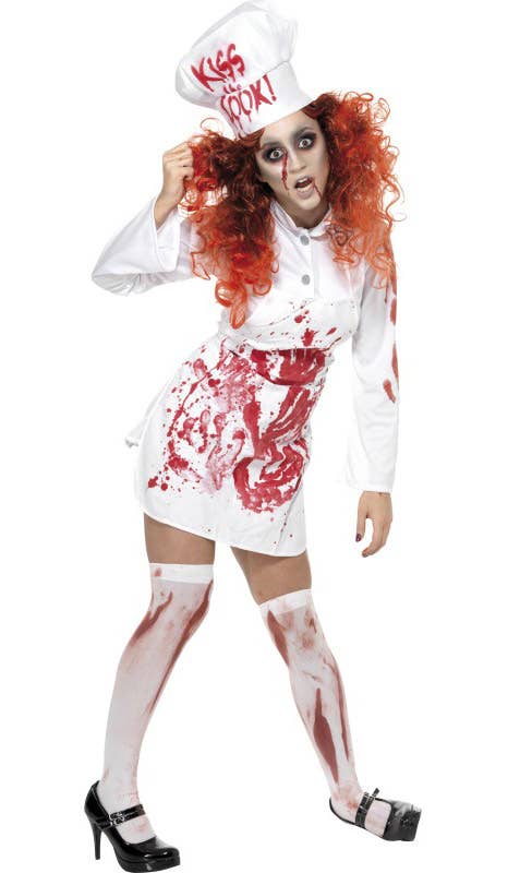 White Blood Splattered Kiss the Cook Women's Zombie Chef Halloween Costume - Front Image