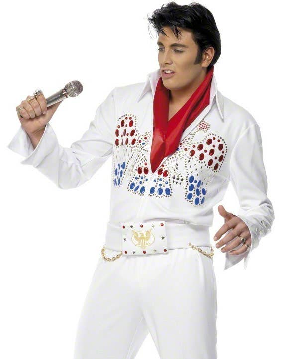 Mens White Elvis Fancy Dress Costume Jumpsuit - Close Image