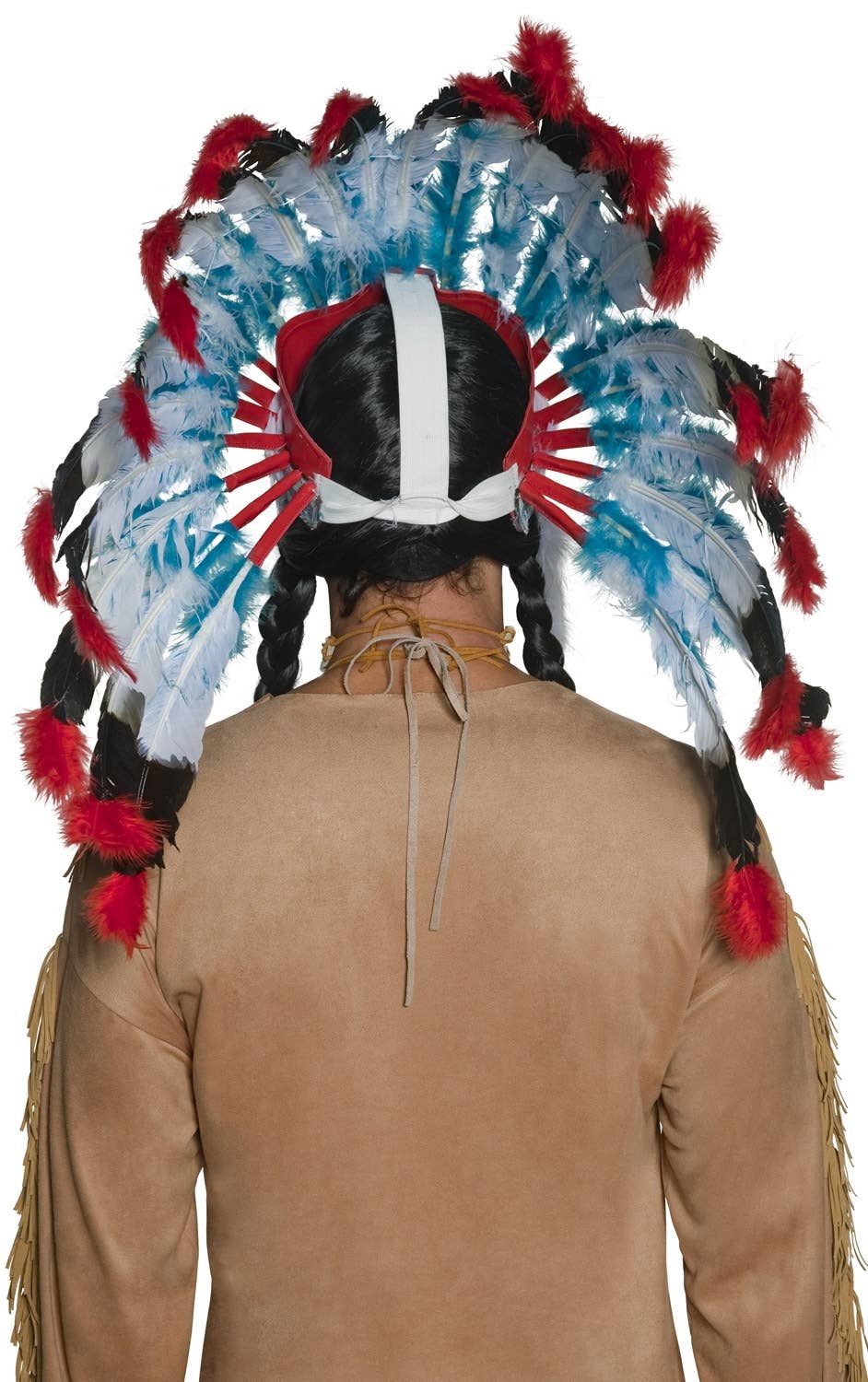 Western Indian Men's Red White And Blue Indian Chief Feather Headdress - Back View 