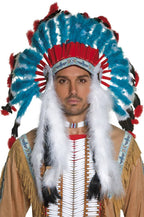 Western Indian Men's Red White And Blue Indian Chief Feather Headdress - Front View 