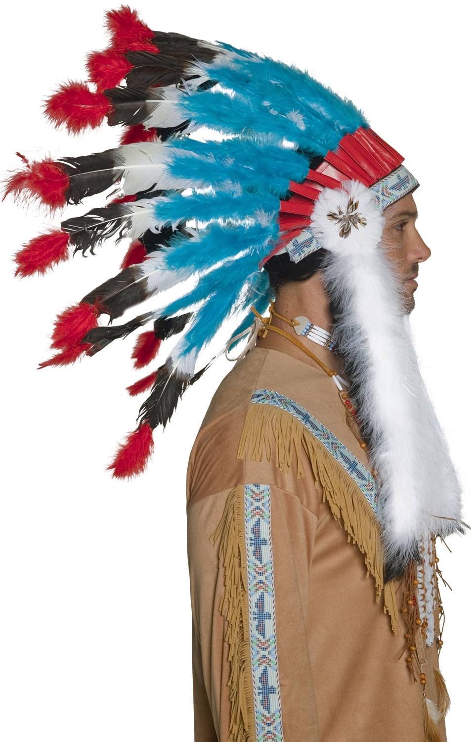 Western Indian Men's Red White And Blue Indian Chief Feather Headdress - Side View 