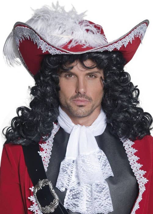 Red Velvet Captain Hook Pirate Hat with White Lace Trim and Side Feather