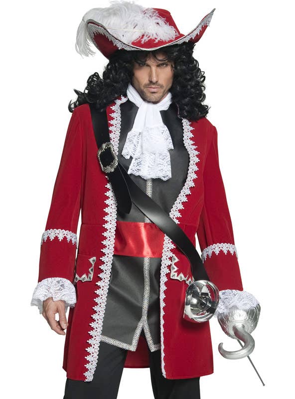 Deluxe Red Velvet Captain Hook Men's Pirate Costume - Close Up Image