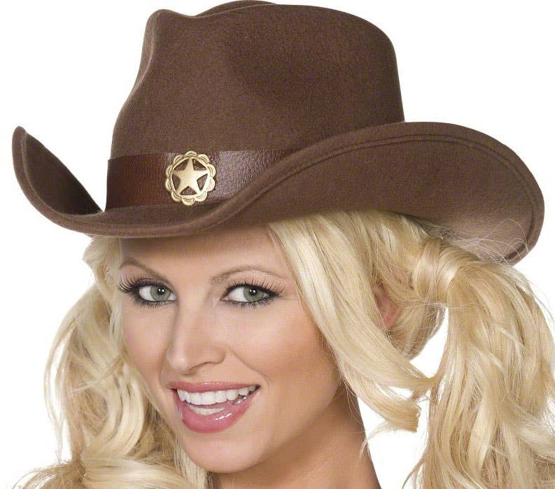 Brown Feltex Cowgirl Cowboy Hat with Gold Star Attachment - Alternative View