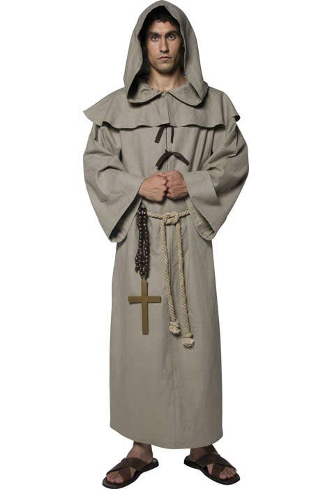 Friar Tuck Men's Brown Hooded Monk Robe Costume  - Front Image