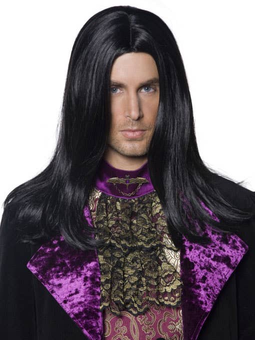 Long Black Men's Vampire Halloween Costume Wig with a Centre Part and Widows Peak