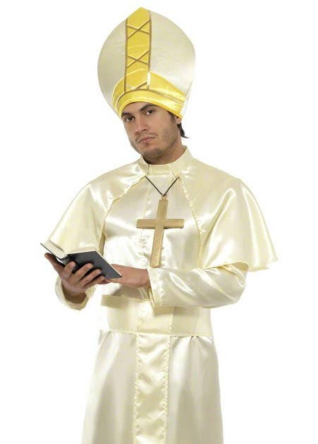 Light Yellow Satin Religious Pope Men's Costume Robe - Close Up Image