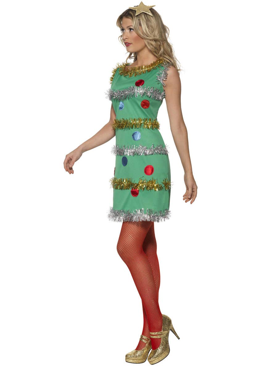 Women's Festive Tree Sexy Christmas Costume with Star Headband - Side Image