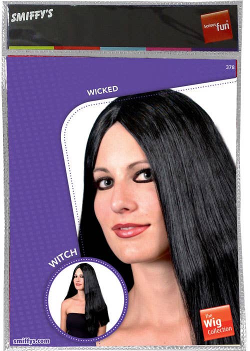 Women's Long Straight Black Halloween Costume Wig Packaging Image