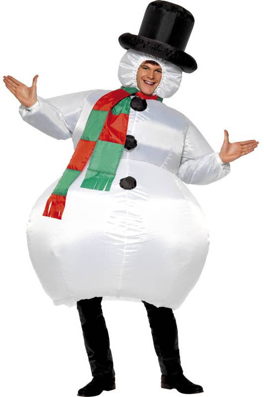 Deluxe White Inflatable Snowman Christmas Costume for Adults - Front Image
