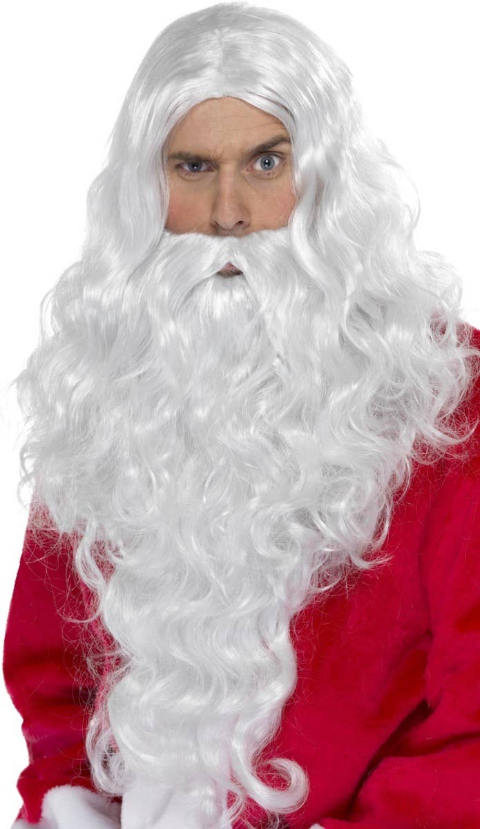 Long Curly White Father Christmas Wig and Beard Set for Men