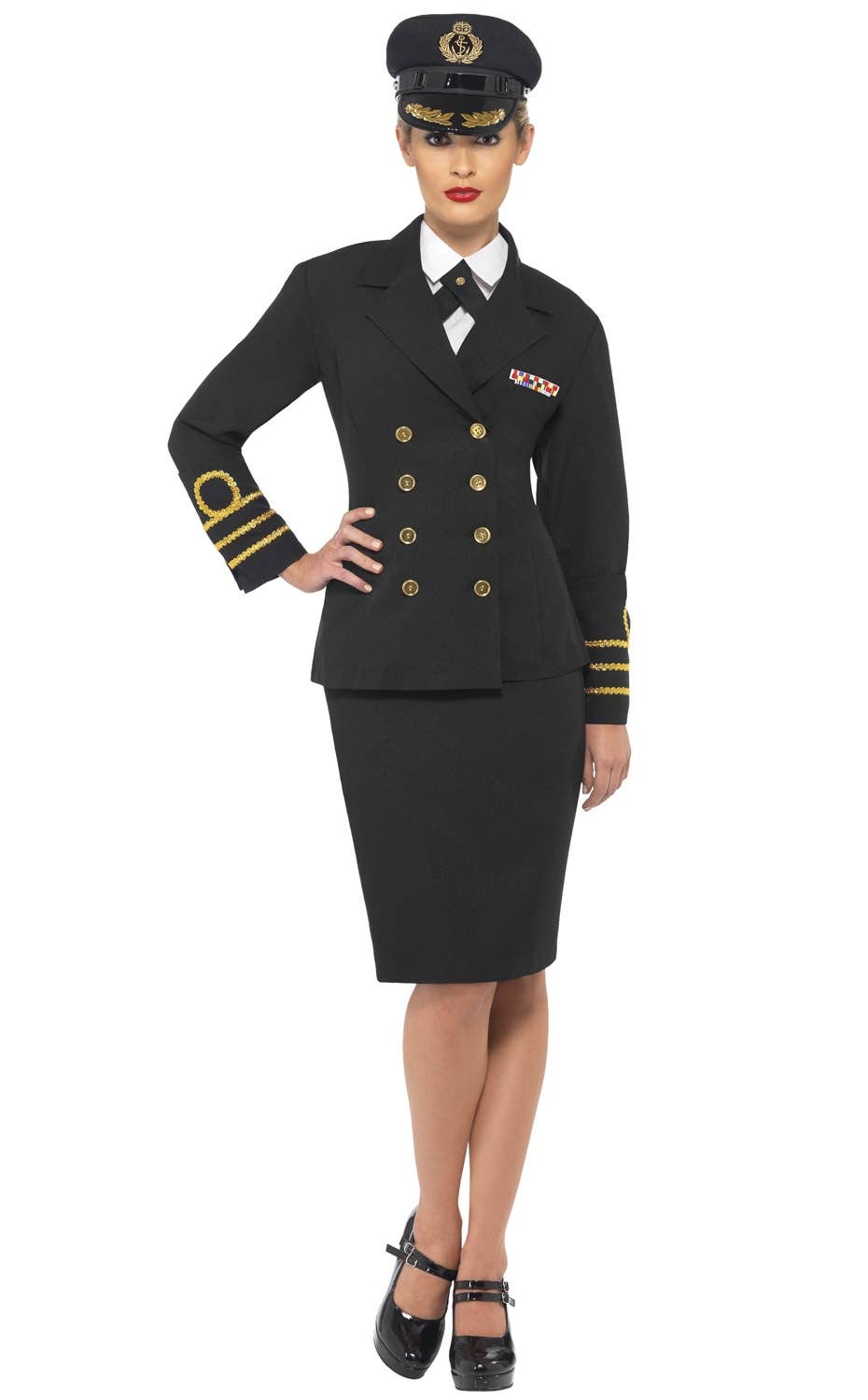 Black Women's Navy Officer Fancy Dress Costume  Front View