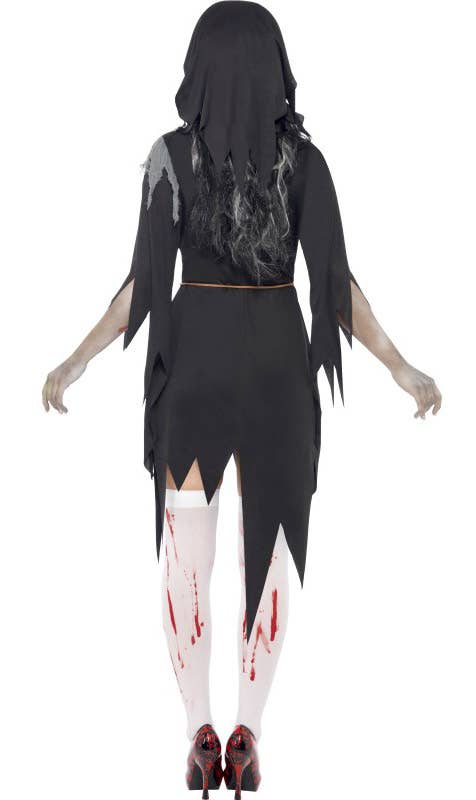 Jagged Black Blood Splattered Zombie Nun Women's Halloween Costume - Back View