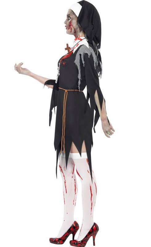 Jagged Black Blood Splattered Zombie Nun Women's Halloween Costume - Side View