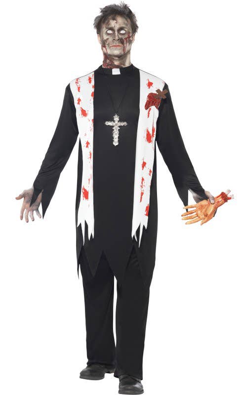 Tattered Black Zombie Priest Halloween Costume for Men - Front View