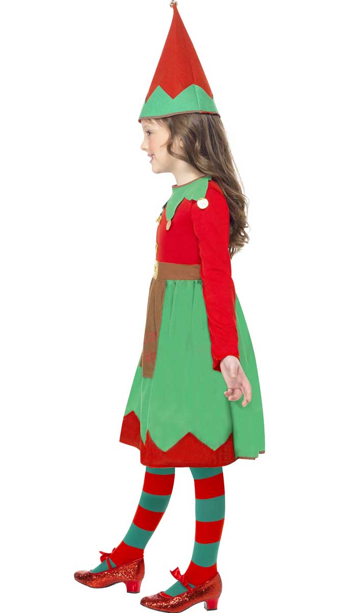 Green and Red Santa's Little Helper Christmas Elf Costume for Girls - Side Image