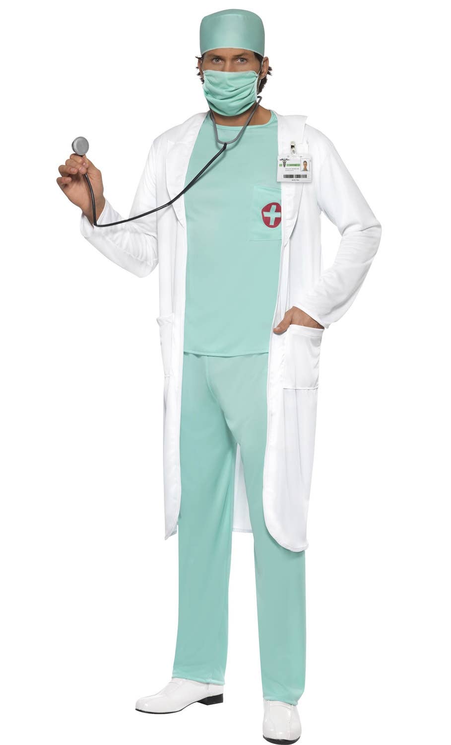 Mens Scrubs And Lab Coat Fancy Dress Doctor Costume - Alt Image