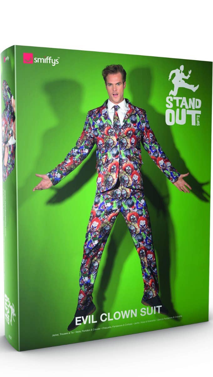 Men's Deluxe Evil Clown Stand Out Suit Halloween Costume Packaging Image