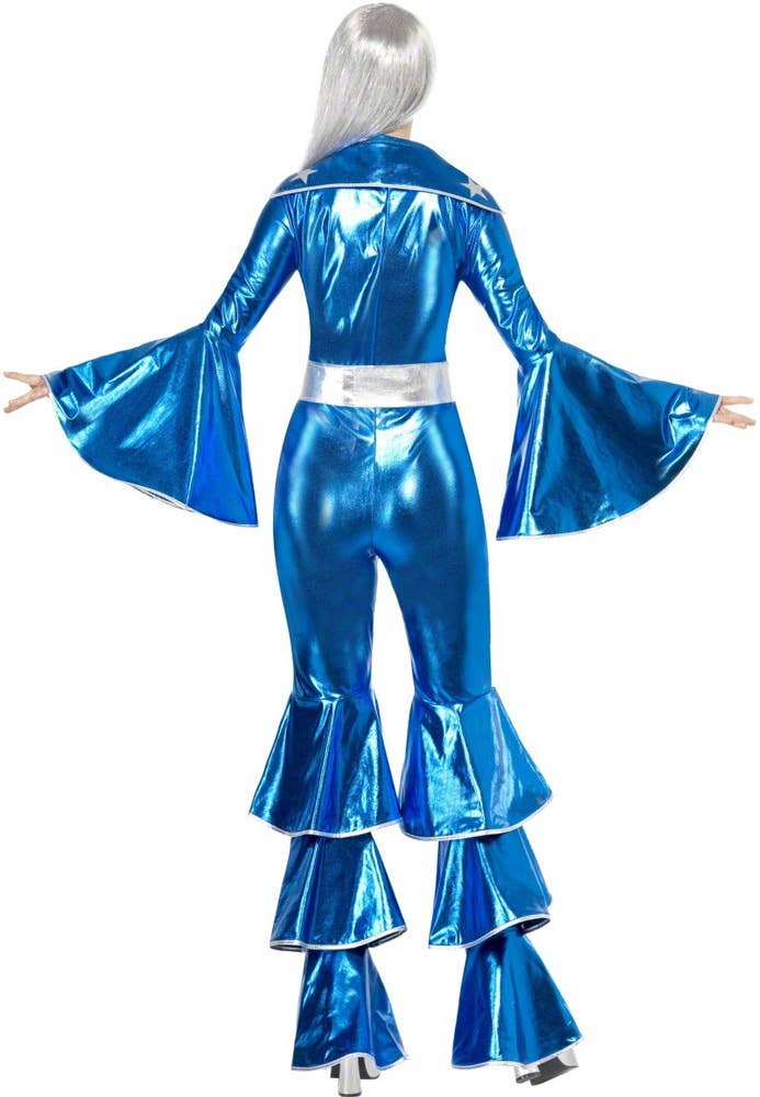 70's Metallic Blue Women's Disco Fancy Dress Jumpsuit Back View