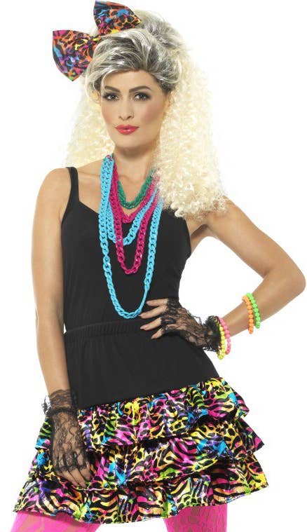 80s Fashion Zebra Women's Colourful 1980's Party Girl Costume Accessory Kit With Skirt, Headband And Necklaces - Close Up Image