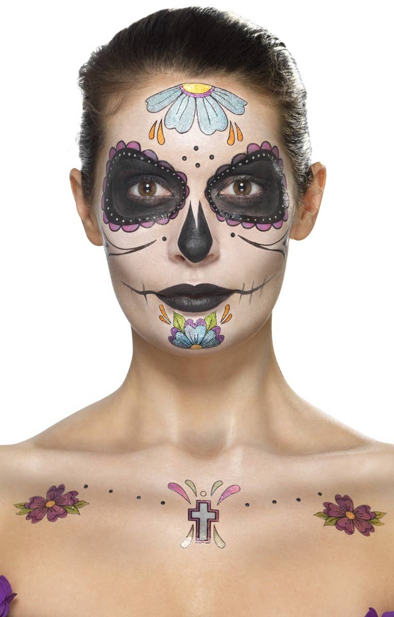 Women's Stick On Day Of The Dead Tattoo Makeup Kit Mexican Halloween Costume Accessory Face Paint Kit Main Image