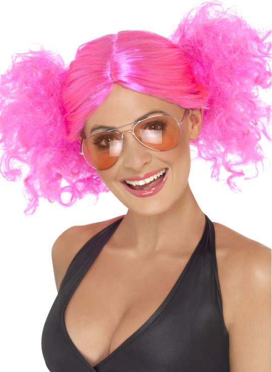 Hot Pink Women's 1980s Retro Punk Costume wig with bunches Main Image
