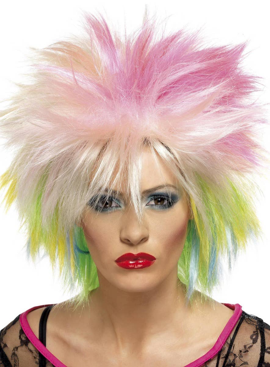 Multi Colour Womens 80s Spiky Punk Wig | Retro Costume Wig