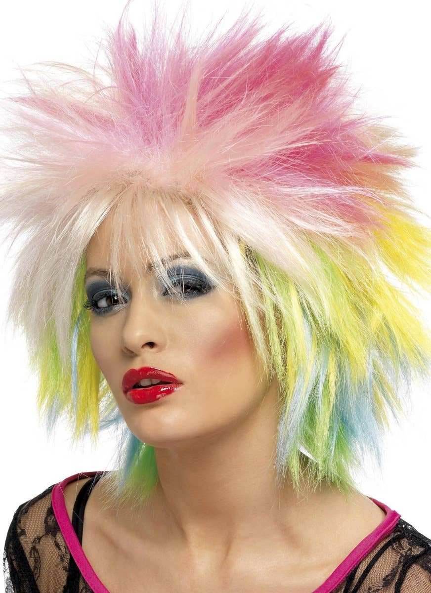 Multi Colour Womens 80s Spiky Punk Wig | Retro Costume Wig