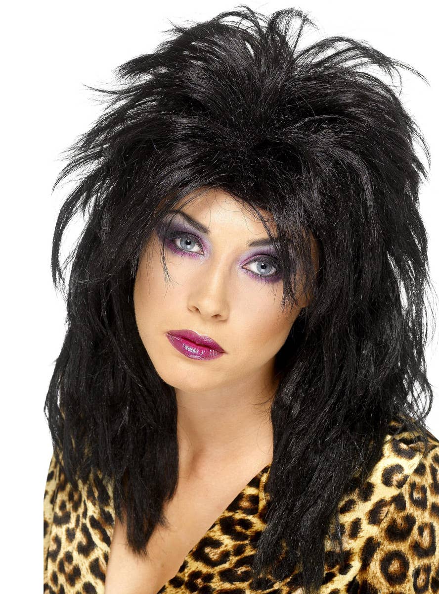 Women's Popstar Black 80s Costume Wig - Main Image