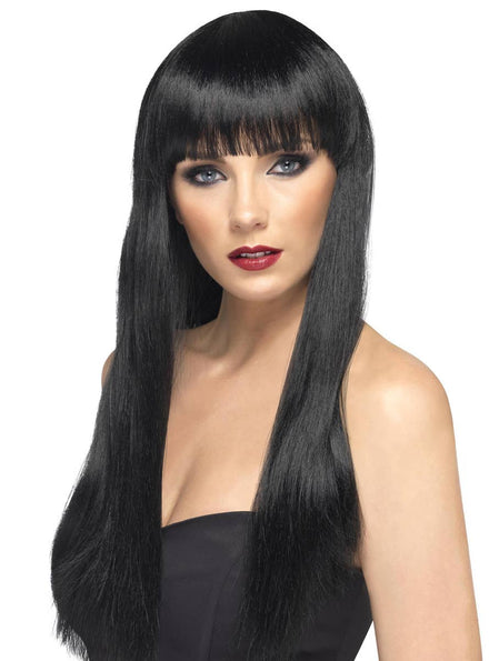 Beautiful Black Long Straight Women's Costume Wig with Front Fringe Main Image