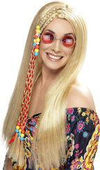 Women's Long Straight Blonde Hippie Costume Wig with Beaded Braids