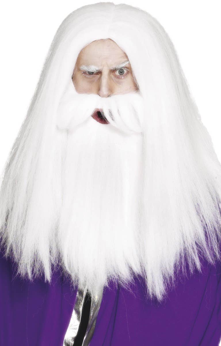 Men's White Long Wizard Wig And Beard Costume Accessory Set Smiffy's Main Image