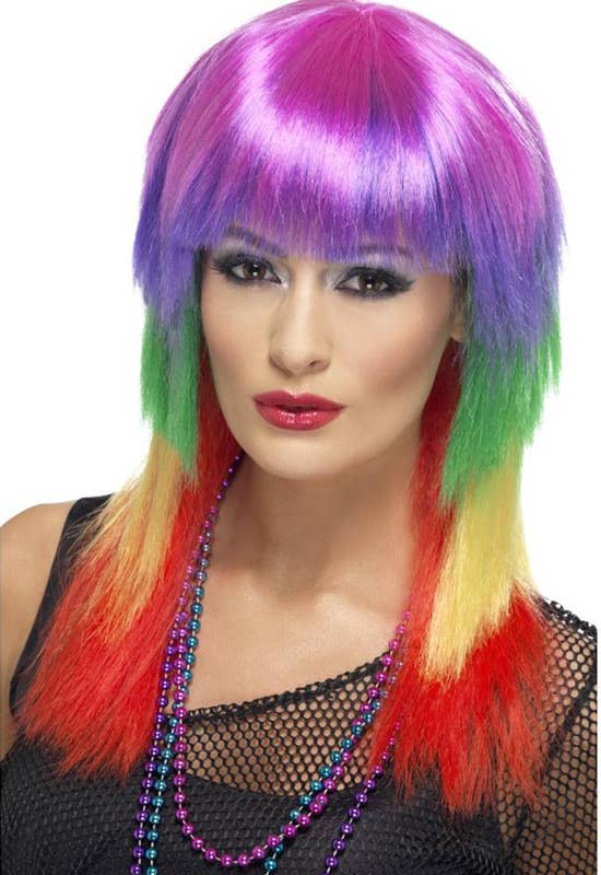 Women's Multi Layered Straight Rainbow Rocker Costume Wig with Fringe