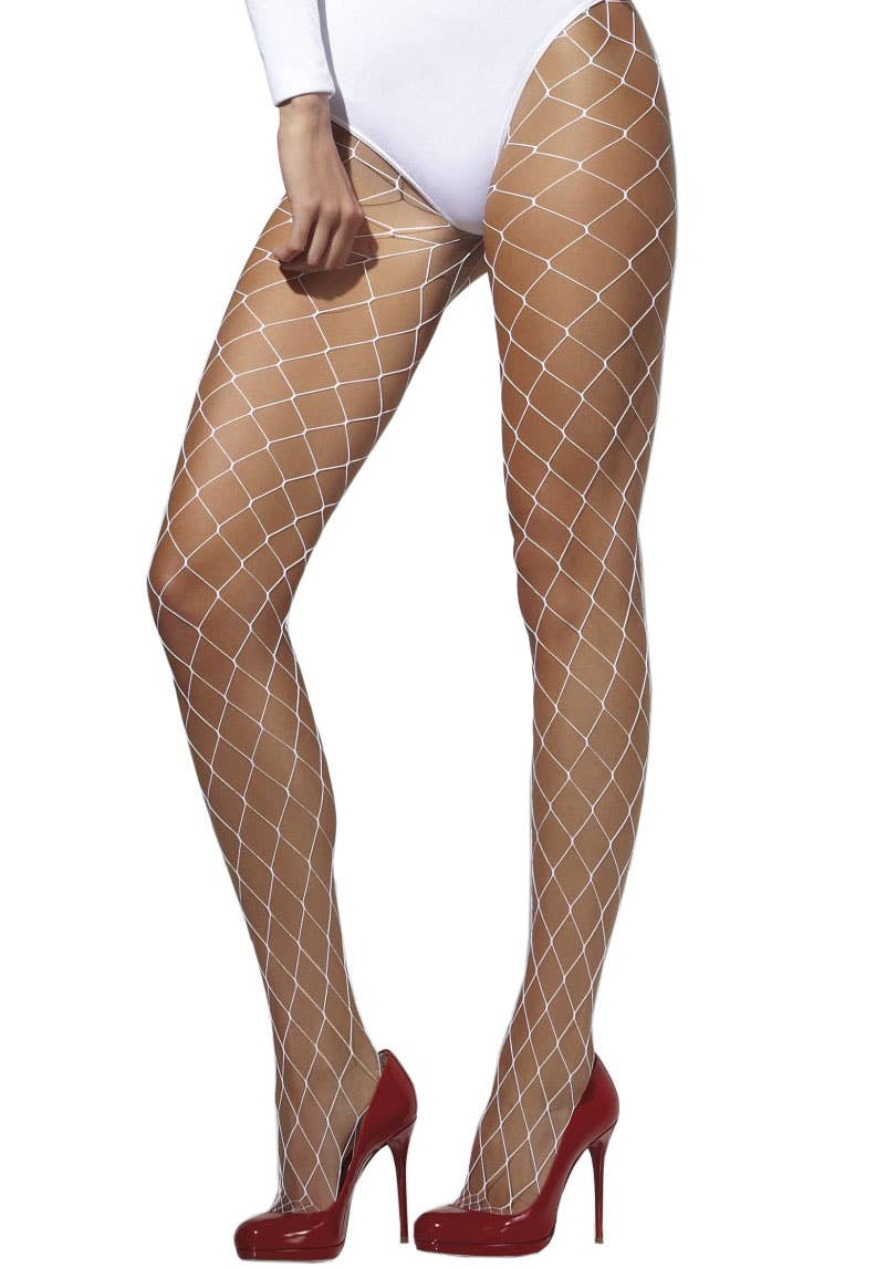 Women's White Full Length Fence Net Pantyhose Front View