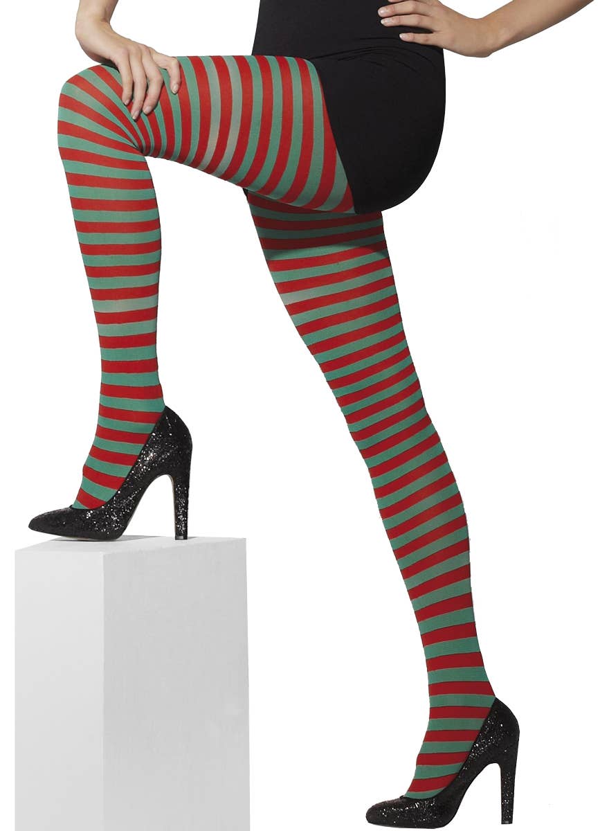 Opaque Red and Green Striped Full Length Women's Stockings - Main Image