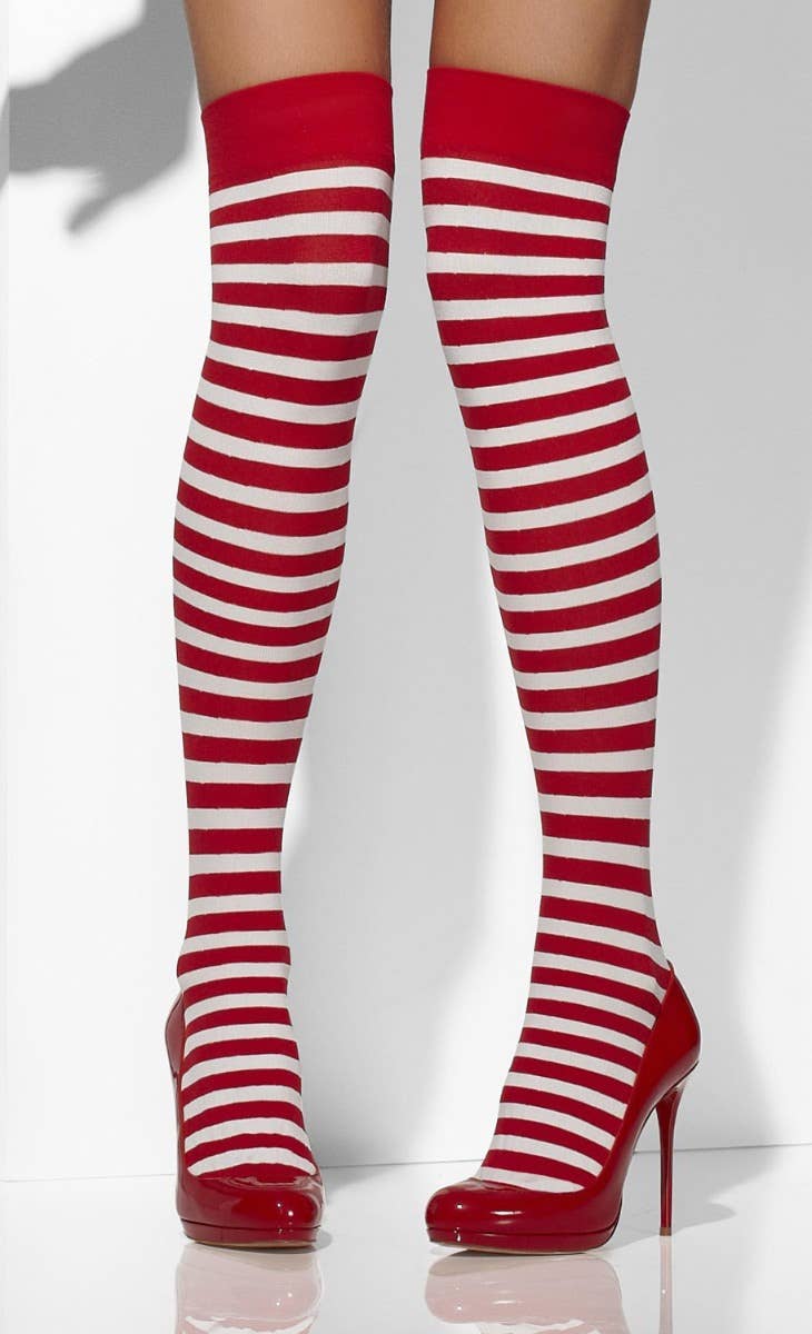 Christmas Red And White Striped Womens Thigh High Stockings