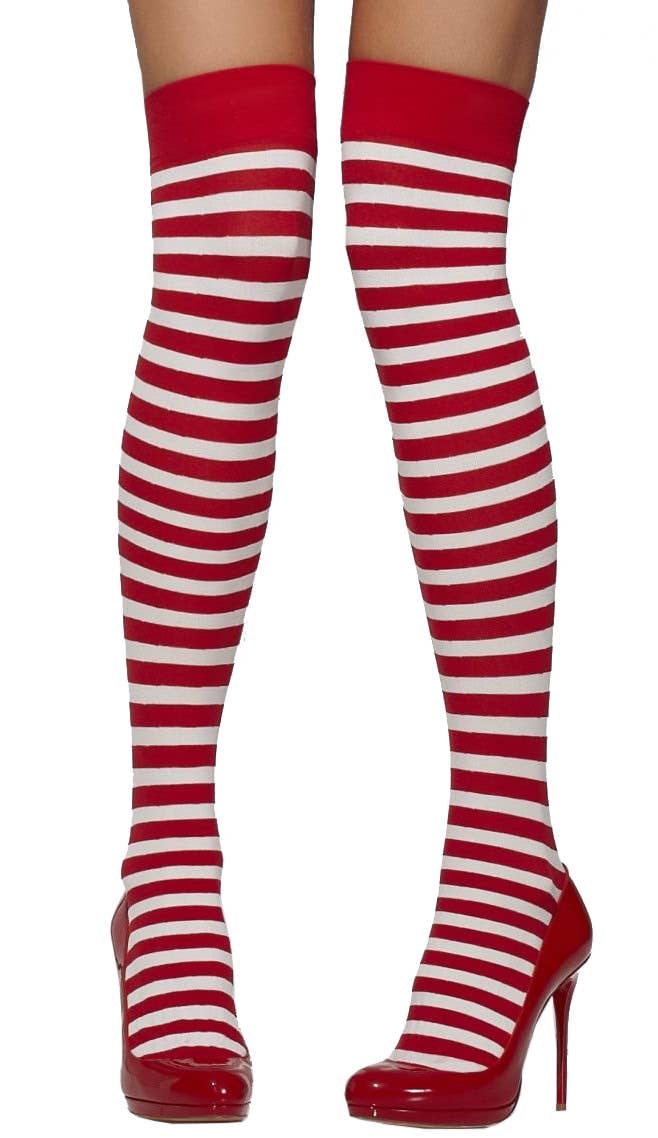 Women's White And Red Striped Thigh High Stockings Christmas Tights Hosiery Main Image