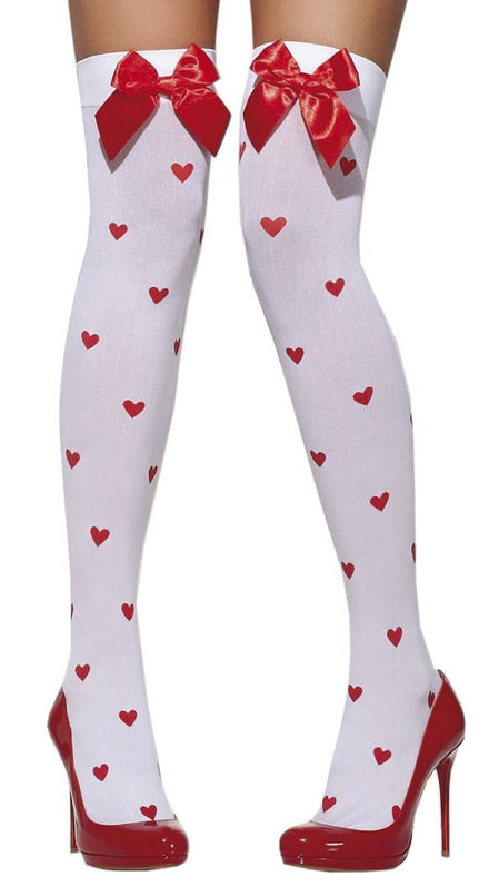 Red Hearts and Bows White Thigh High Stockings Main Image