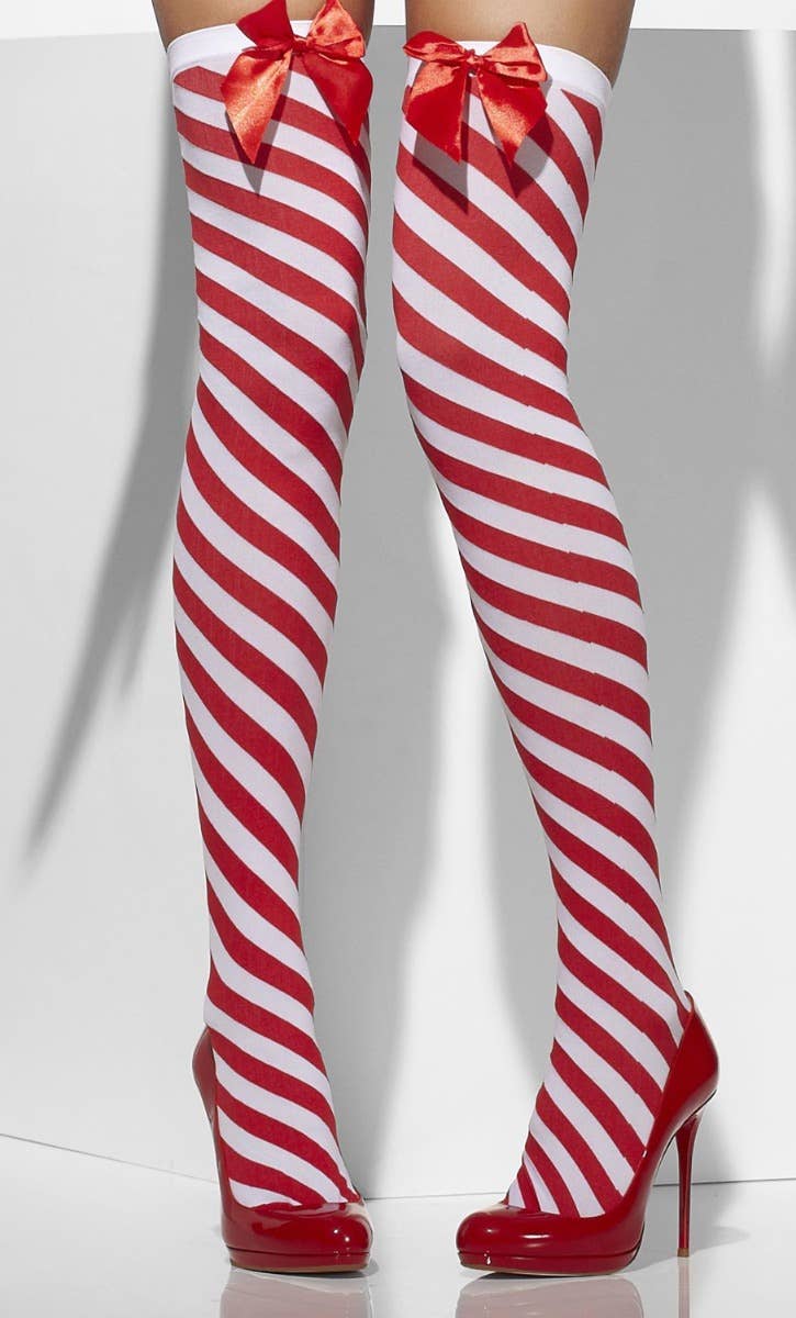 Opaque Striped Candy Cane Women's Christmas Thigh High Stockings With Red Satin Bows Main Image 
