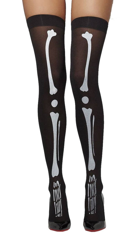 Smiffy's Fever Lingerie Women's Black Skeleton Print Thigh High Women's Day Of The Dead Halloween Stockings Main Image