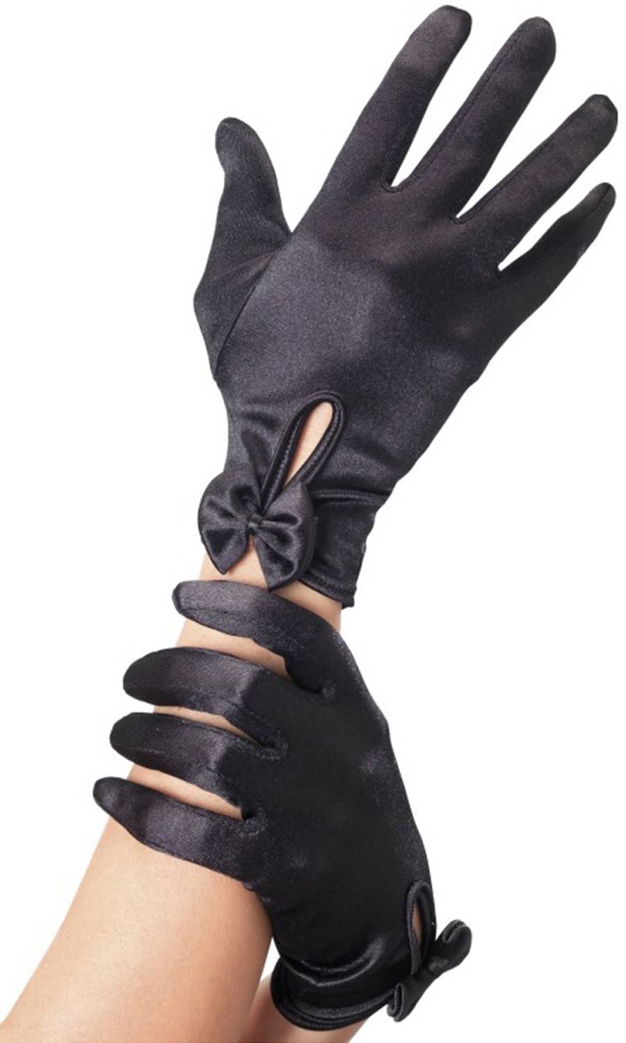 Black Satin Wrist Length Costume Gloves with Attached Bow Alternate Image