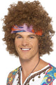 1960's Men's Curly Brown Afro Costume Wig with Headband and Peace Sign