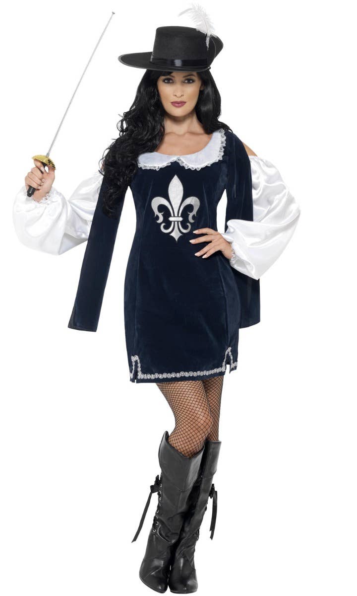 Women's Blue French Musketeer Fancy Dress Costume Main Image